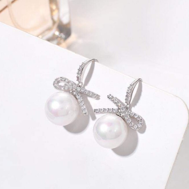 Bông tai bạc Bông nơ gắn đá trắng nhỏ Van Jewelry V10439 treo Ngọc trai nhân tạo xinh xắn