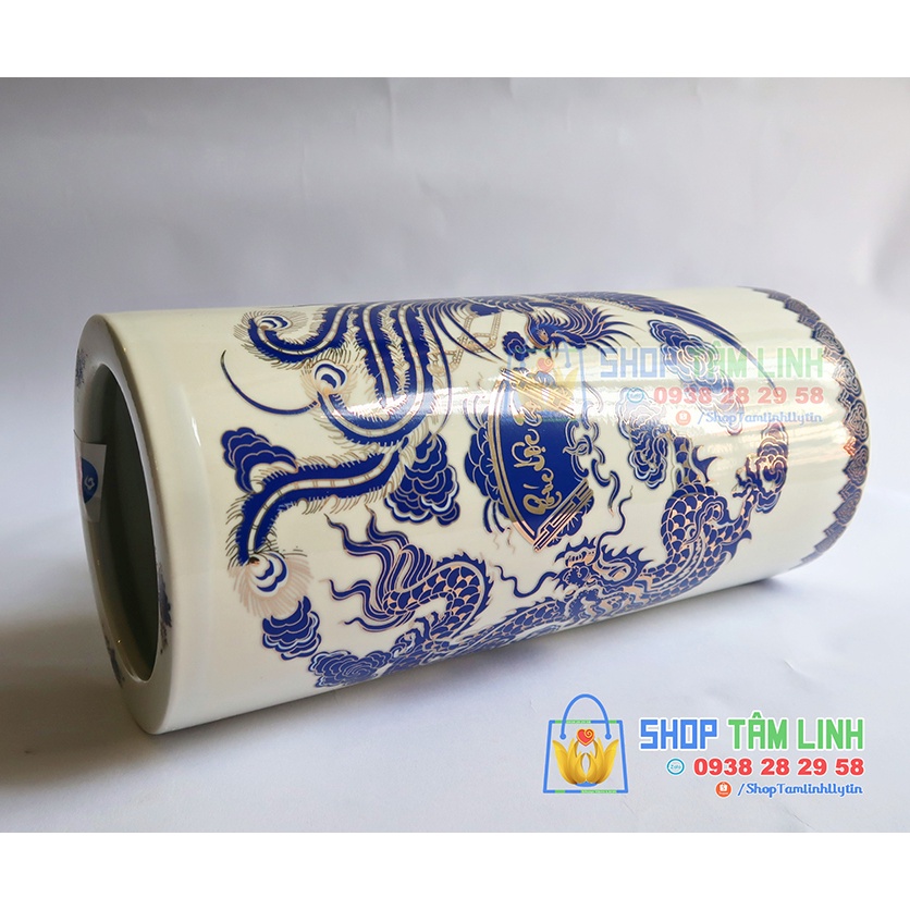 Ống cắm /đựng hương đồ thờ cúng Bát Tràng vẽ Phúc Lộc Tho màu xanh kim shoptamlinh