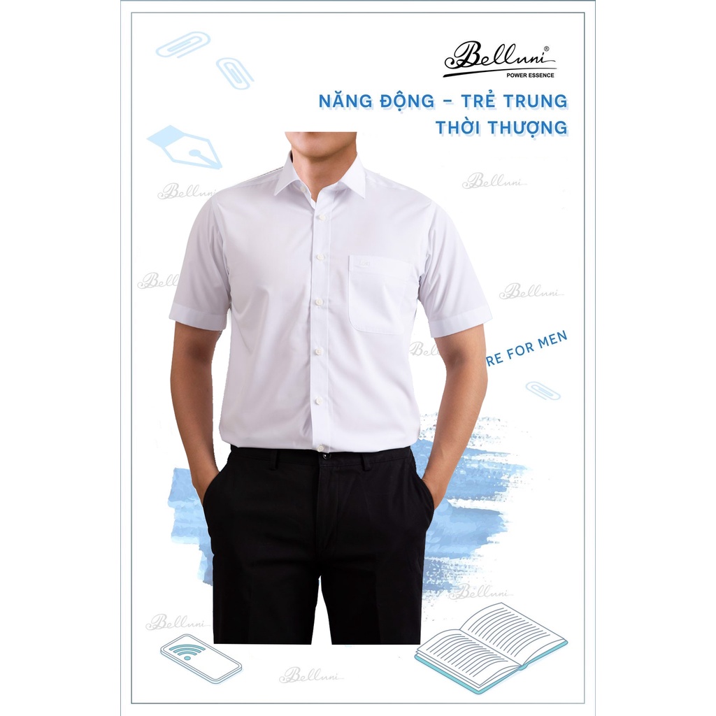Áo trắng sơ mi nam ngắn tay thương hiệu thời trang Belluni 199W