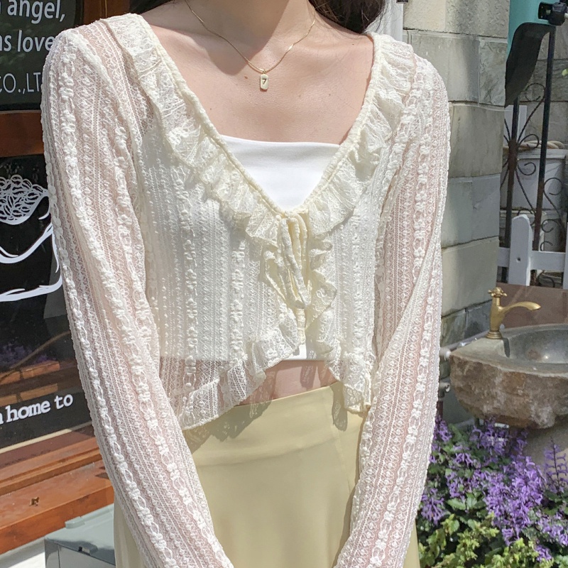 Áo Khoác Cardigan Ren Lưới Tay Dài Thắt Nút Trước Họa Tiết Kẻ Sọc Thời Trang Mùa Hè Cho Nữ