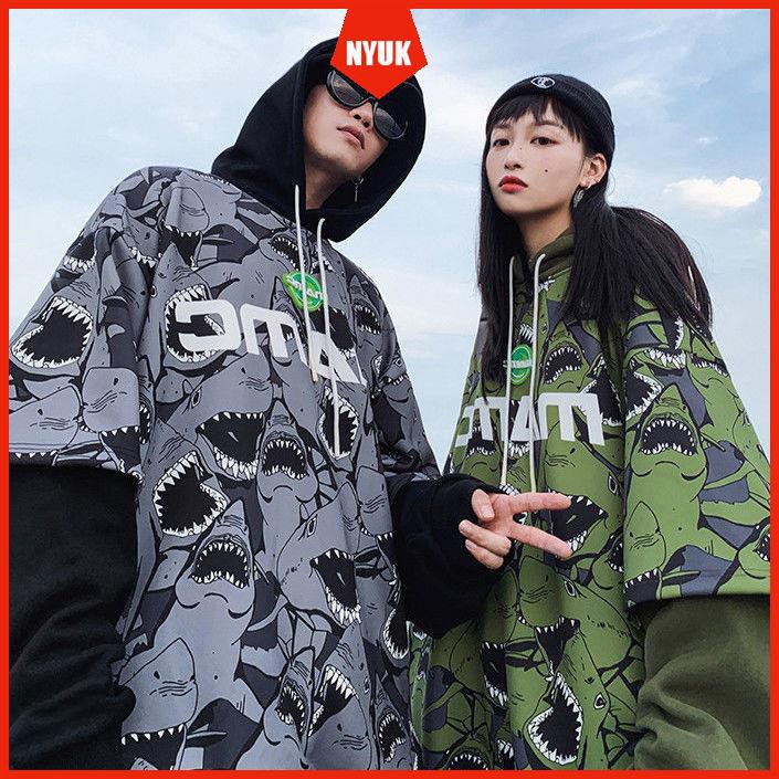 Áo Hoodie Tay Dài Giả Hai Lớp In Họa Tiết Cá Mập Phong Cách Hip Hop Thời Trang Năng Động