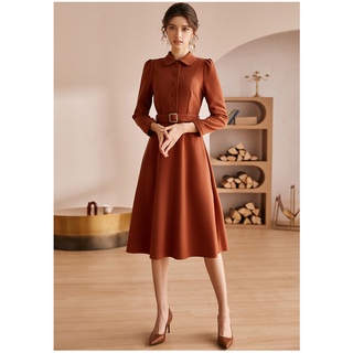Đầm cam đất cổ sơ mi xòe tay đài kèm đai eo