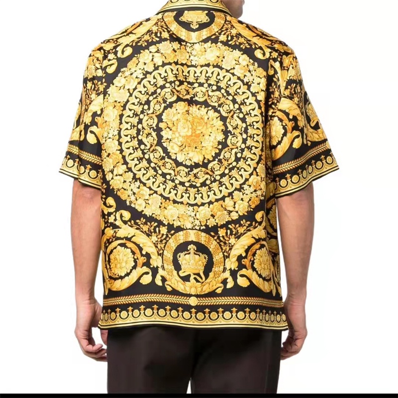 Áo Sơ Mi Tay Ngắn In Họa Tiết Phối Màu Vàng Đen Thời Trang Sang Trọng Thương Hiệu VERSACE Dành Cho Nam
