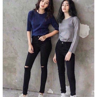 Qnu129 - quần bò jeans đen skinny rách gối