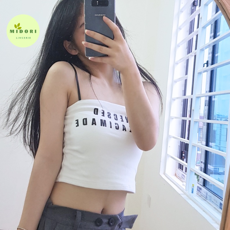 Áo 2 dây da croptop năng động cá tính in chữ MIDORI A00