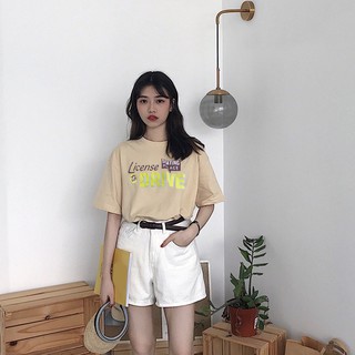 Áo thun tay lỡ nữ freesize phông form rộng dáng Unisex, mặc lớp, nhóm, cặp in chữ LICENSE DRIVE màu nude sữa