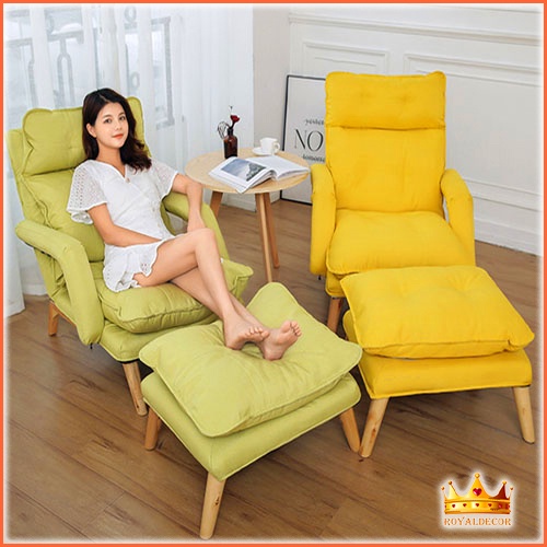 Ghế Thư Giãn Kèm Đôn, Ghế Lười Tựa Lưng Nữ Hoàng Khung Kim Loại Chắc Chắn Vải Lanh Nằm Thoáng Mát
