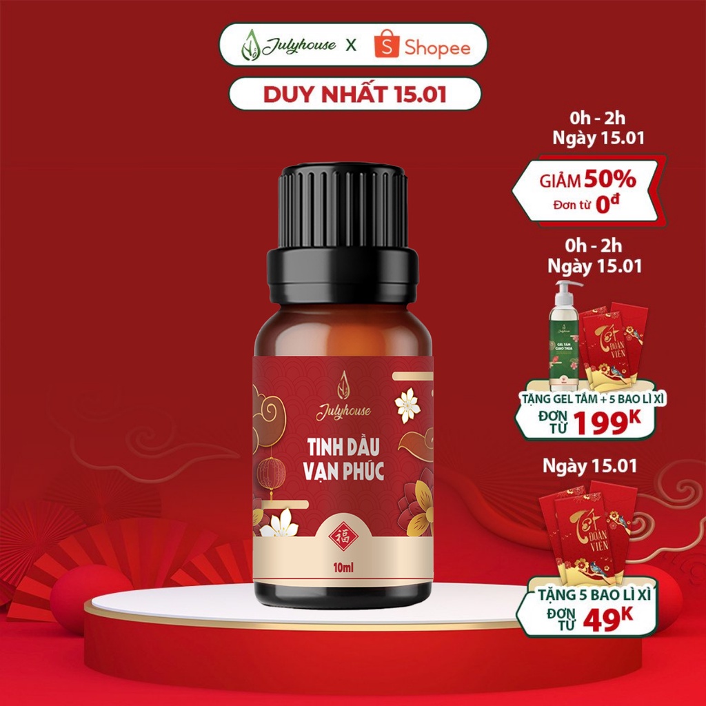 Tinh dầu Vạn Phúc 10ml JULYHOUSE hương vị Tết kết hợp tinh dầu Vỏ Bưởi, Sả Chanh, Thông và Trắc Bách Diệp