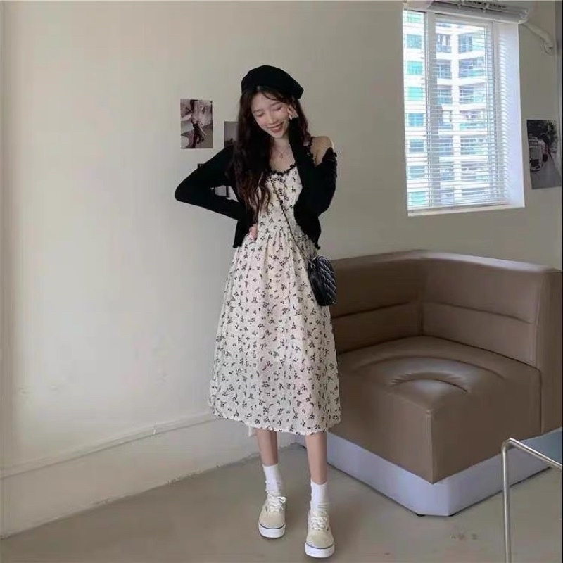 Set Váy Hoa Nhí Đen Dáng Maxi  mix Cùng Áo Cardigan Đen  Phù hợp cho nữ 2022 có mút ngực