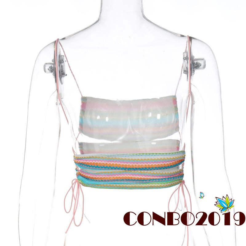 Hgm- Áo Crop Top Hai Dây Hở Lưng Họa Tiết Kẻ Sọc Nhiều Màu Sắc Cột Dây Gợi Cảm Mùa Hè Cho Nữ