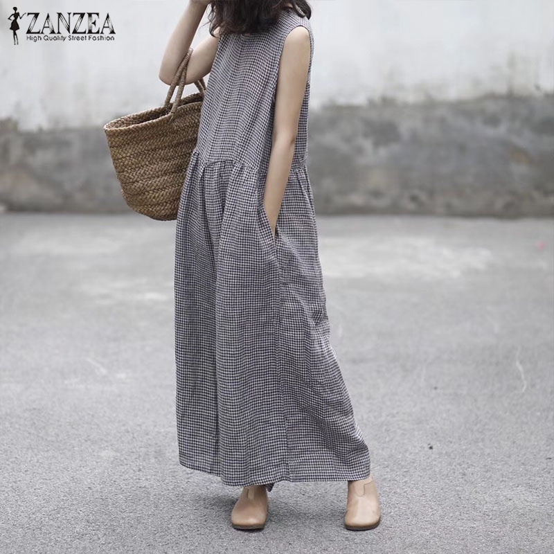 ZANZEA Jumpsuit Ống Rộng Không Tay Họa Tiết Ca Rô Thời Trang Dành Cho Nữ