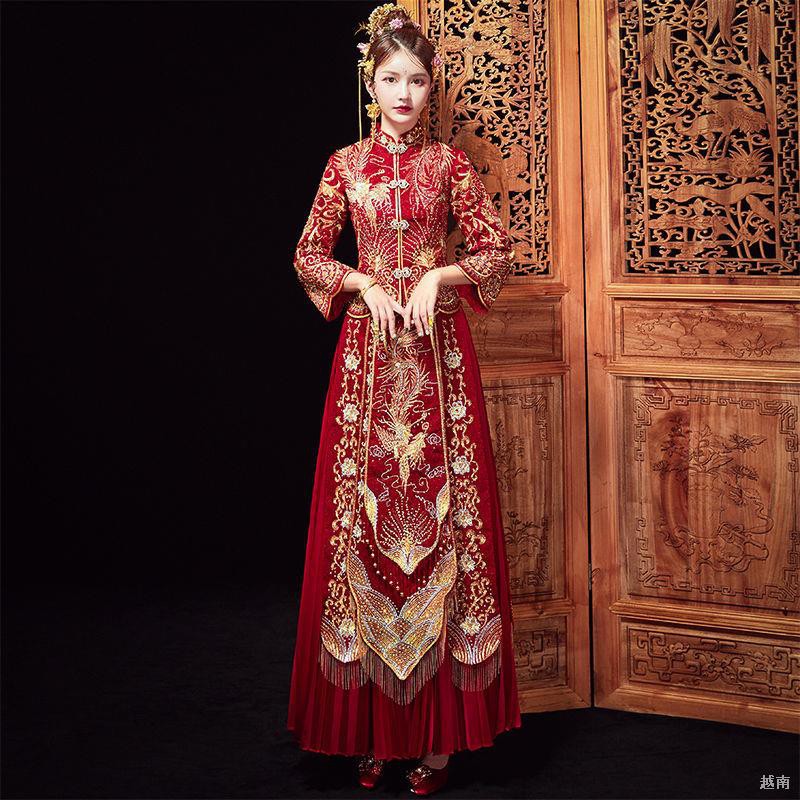 ▥♝Xiuhe váy sườn xám cô dâu, cưới kiểu Trung Quốc cải tiến của phụ nữ, cưới, trở lại với vương miện phượng hoàng gia