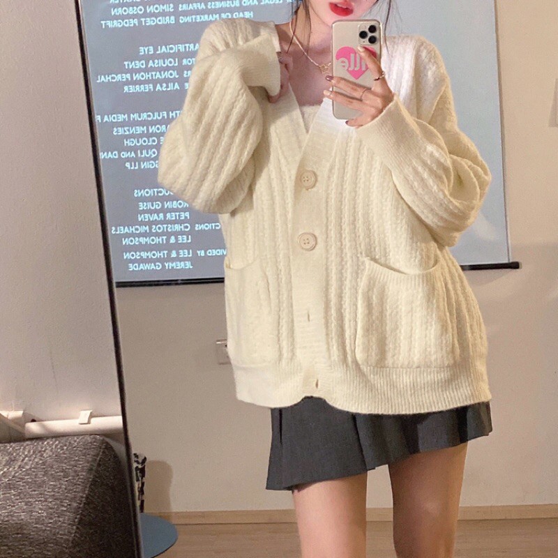 Áo khoác cardigan màu be form rộng ulzzang Hàn Quốc [Yannie] | BigBuy360 - bigbuy360.vn