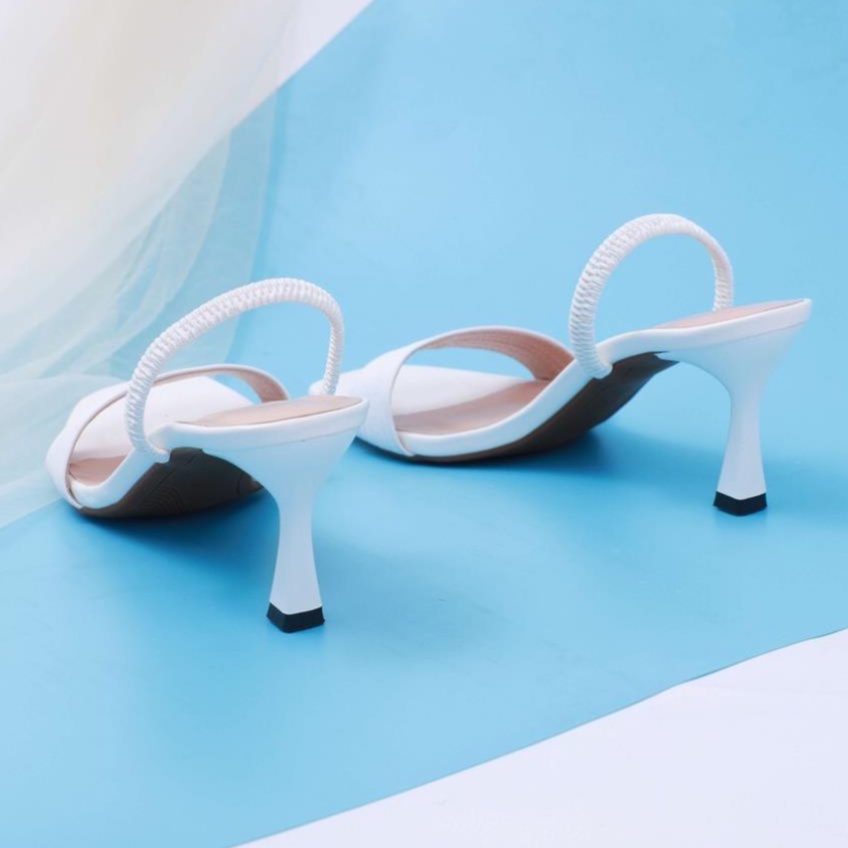 Giày Cao Gót Sandal Nữ Quai Ngang Gót Nhọn Hậu Chun Co Giãn Cao 6cm Màu Trắng/Đen/Nude Hàng Cao Cấp