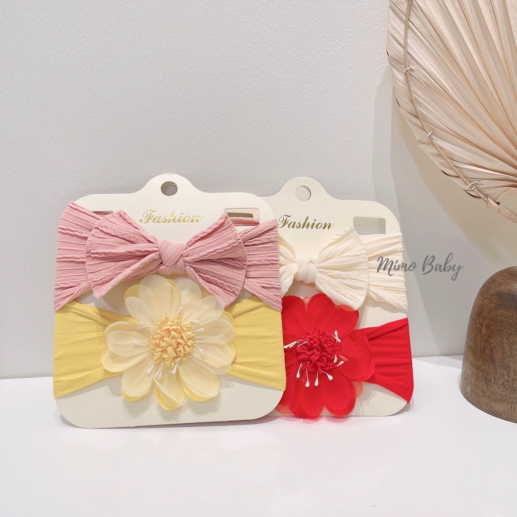 Set 2 băng đô nơ+hoa voan chất liệu thun co dãn xinh xắn cho bé BD56 Mimo Baby