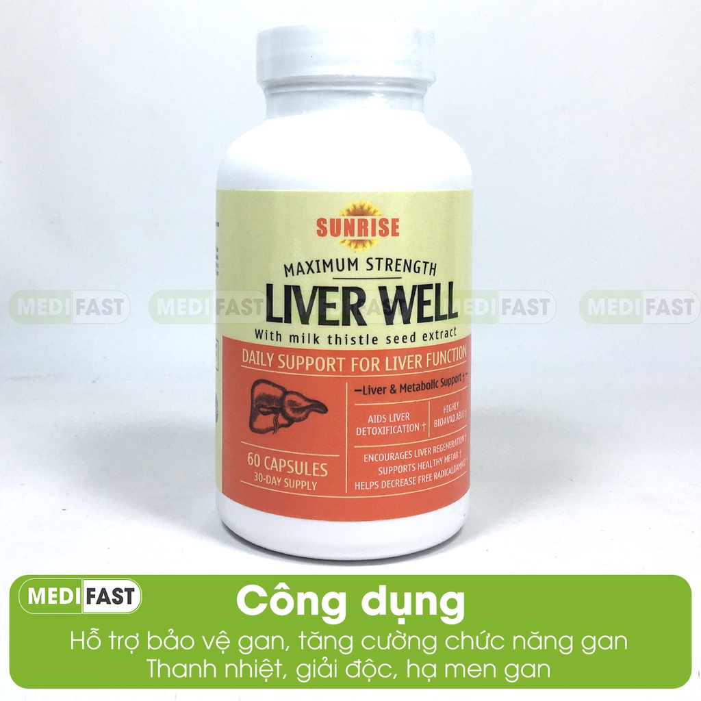 Viên uống bổ gan Sunrise Liver Well - giúp bảo vệ gan, tăng cường chức năng gan từ cây kế sữa - Hộp 60v nhập khẩu từ Mỹ