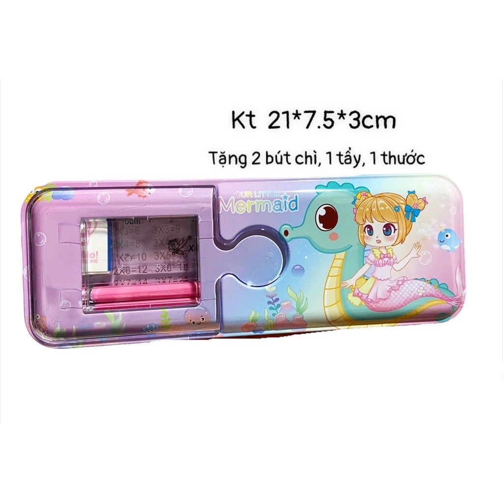 Hộp bút sắt 2 mặt, Bóp đựng bút tặng kèm bút chì và thước rất đẹp - Đức Huy Store