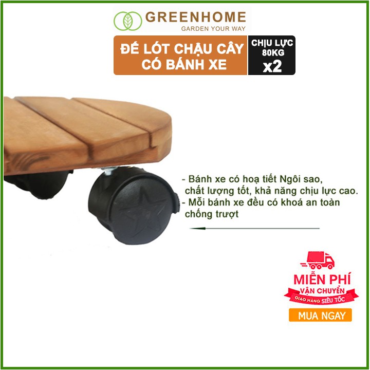 Bộ 2 Đế lót chậu cây có bánh xe, hình tròn, màu nâu, bằng gỗ, chịu lực 80kg, R30xC8cm |Greenhome