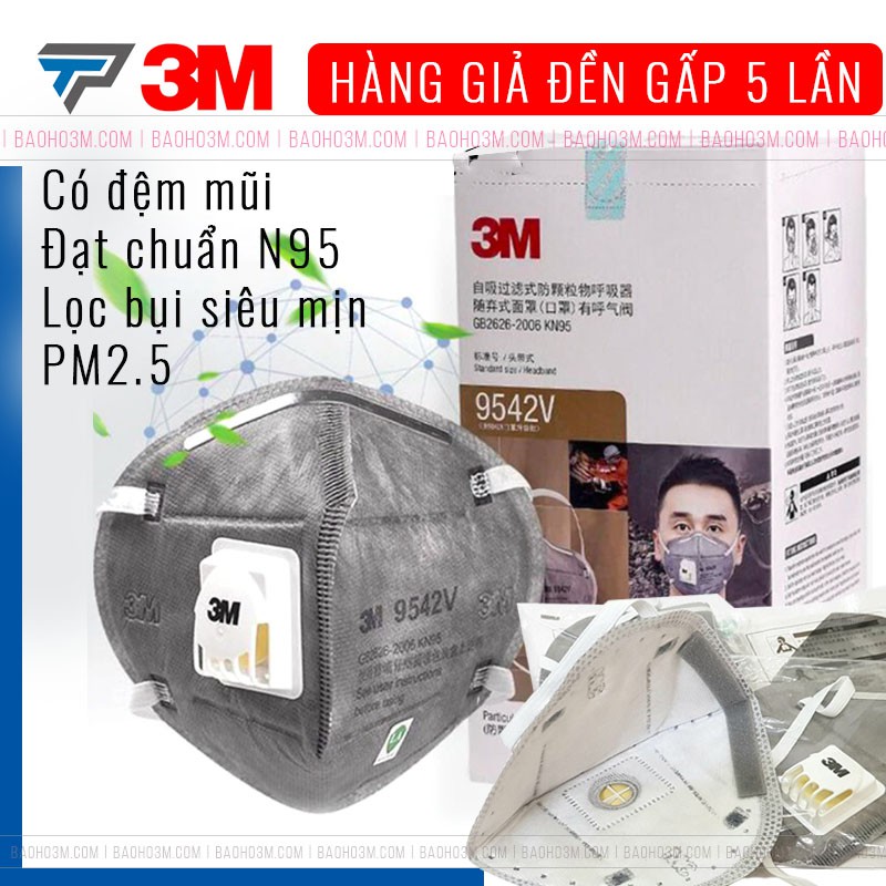 Khẩu trang hoạt tính chống hóa chất 3M 9542V đạt chuẩn N95 lọc bụi siêu mịn PM2.5 quai đeo ngang