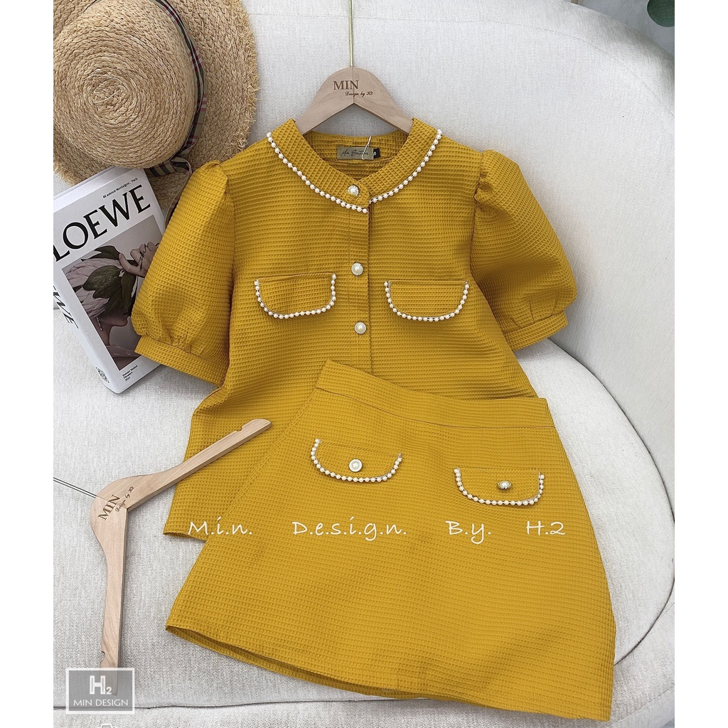 Sét bộ tay bồng viền ngọc chân váy chữ A tôn dáng