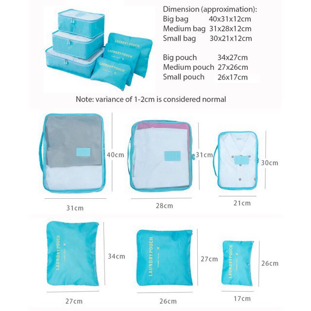 Bộ 6 túi đựng đồ dùng du lịch chống thấm nước phong cách Hàn Quốc