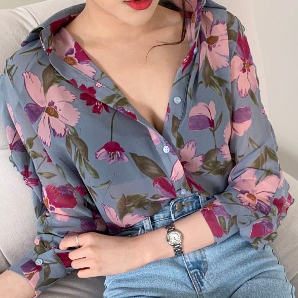 Xiaozhainv Áo Kiểu Tay Dài Hoạ Tiết Hoa Thiết Kế Dáng Rộng Thoải Mái