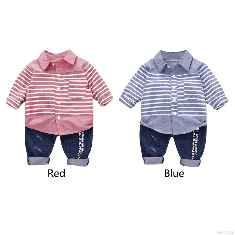 Bộ áo tay dài kẻ sọc + quần jean denim cho bé trai từ 0-5 tuổi