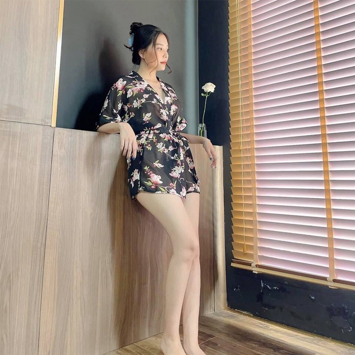 Áo choàng ngủ xuyên thấu sexy kiểu kimono in hoa lá hàng nhập cao cấp | BigBuy360 - bigbuy360.vn