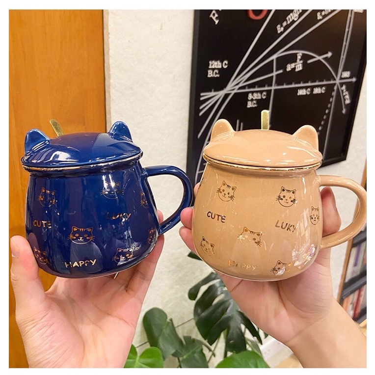 Côc sứ hoạ tiết mèo kitty dễ thương nắp cốc tai mèo kèm thìa sắt dung tích 400ml nhiều màu