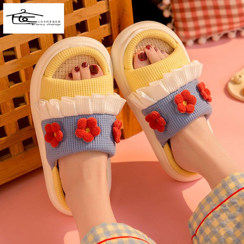 Dép Cotton Lanh Mùa Hè Đế Dày Họa Tiết Dễ Thương Cho Nữ