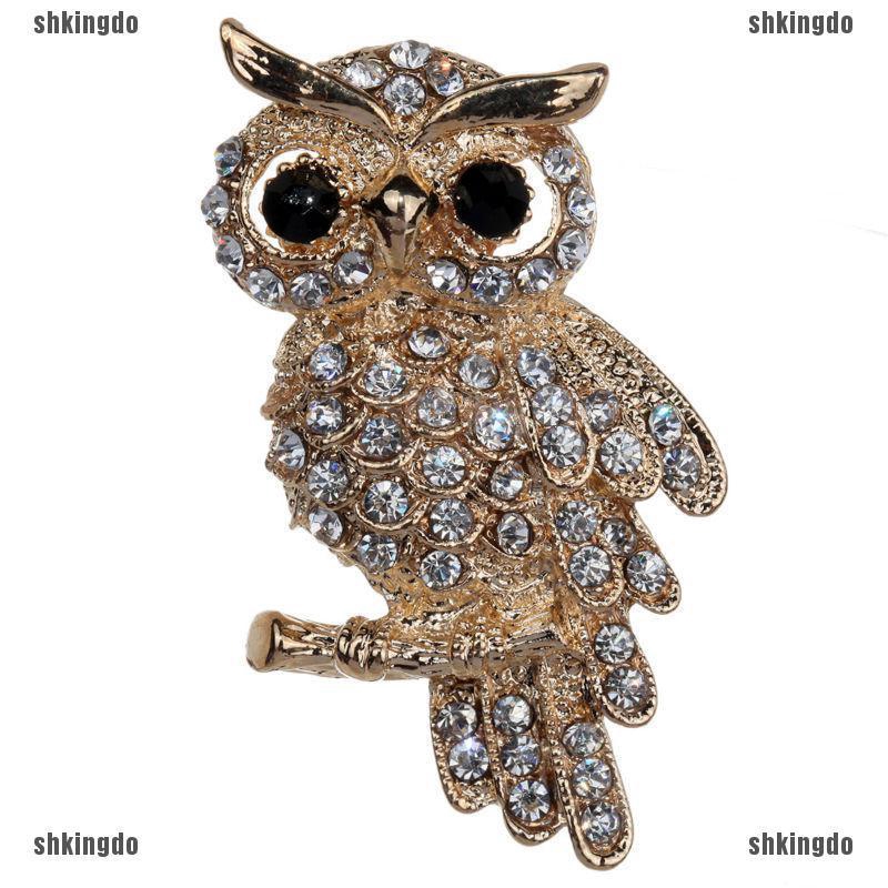 Cài áo hình chim cú mạ vàng đính pha lê lấp lánh thanh lịch