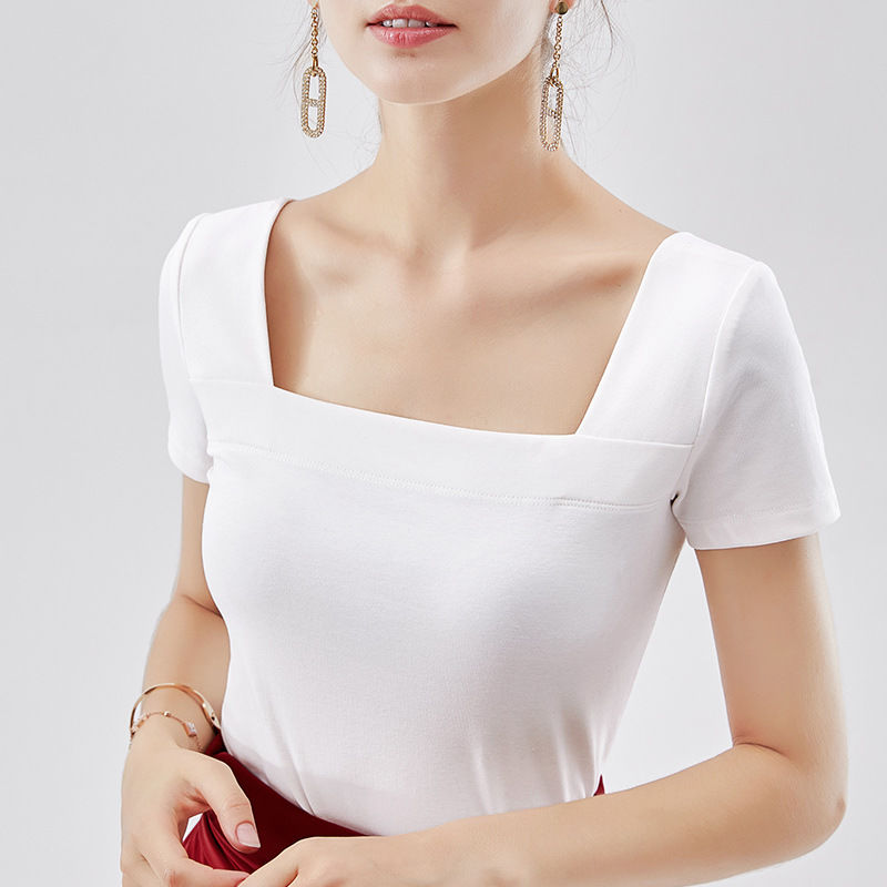 Áo Thun Tay Ngắn 95% Cotton Cổ Vuông Gợi Cảm Cho Nữ