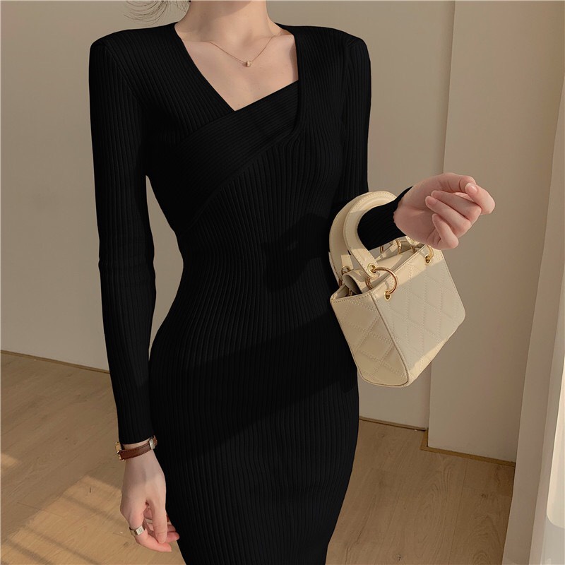 Váy Đầm len tăm body dài tay nhiều màu hàng đẹp - Đầm len body hàn quốc HOT TREND Yohamy_officialstore