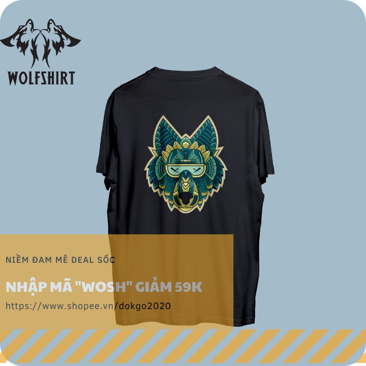 Áo Thun Hai Màu Đen Trắng Unisex Fom Rộng WOFTSHIRT In Hình Cá Tính 100% Cotton Full Size Sói Xanh Đeo Kính