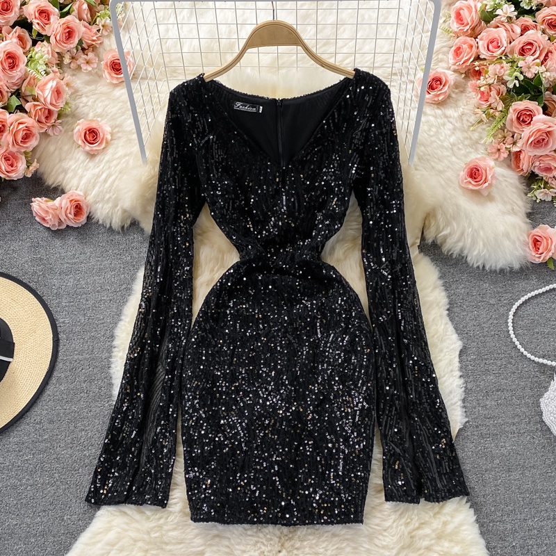 Đầm cổ V dài tay ôm body, váy đính sequin sang chảnh dự tiệc Đ929
