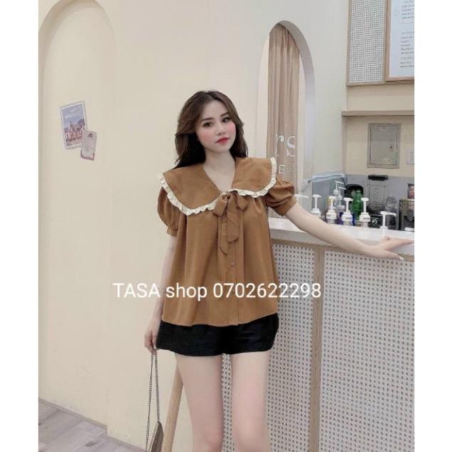 TBO-Sét bộ đũi áo babydoll cổ bèo cột nơ và quần đen ngắn