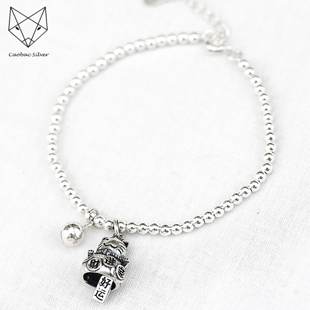 Vòng Tay Bạc S99 CaoBac Silver Bi Charm Mèo Thần Tài May Mắn