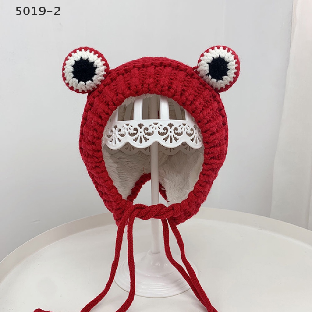 Mũ beanie Dệt Kim Màu Trơn Hình Ếch Hoạt Hình Giữ Ấm Mùa Đông Cho Bé