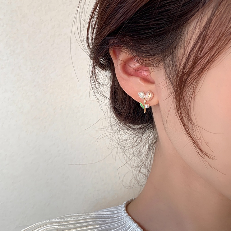 Bông Tai Mạ Bạc 925 Hình Hoa Tulip Đính Ngọc Trai Thời Trang Cho Nữ