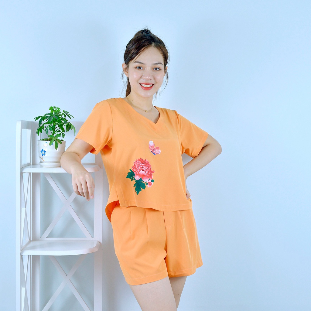 Bộ đồ nữ MÀU VÀNG CAM IN HOA CỰC XINH  - vải lụa cao cấp - Lịch sự - Quý phái