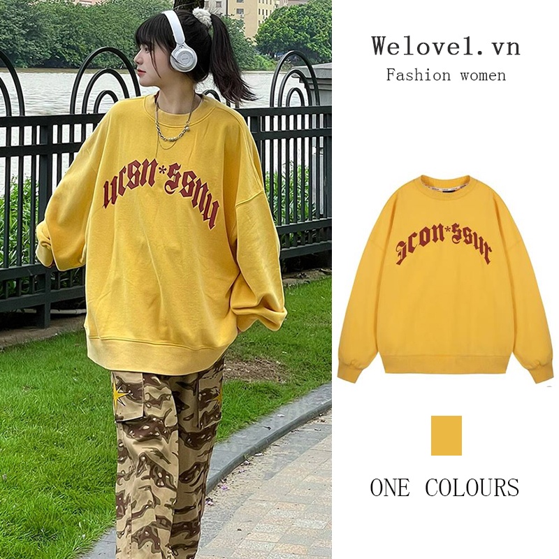 Welove1 Áo Nỉ Cổ Tròn Màu Vàng In Họa Tiết Vintage Mỹ Dễ Thương