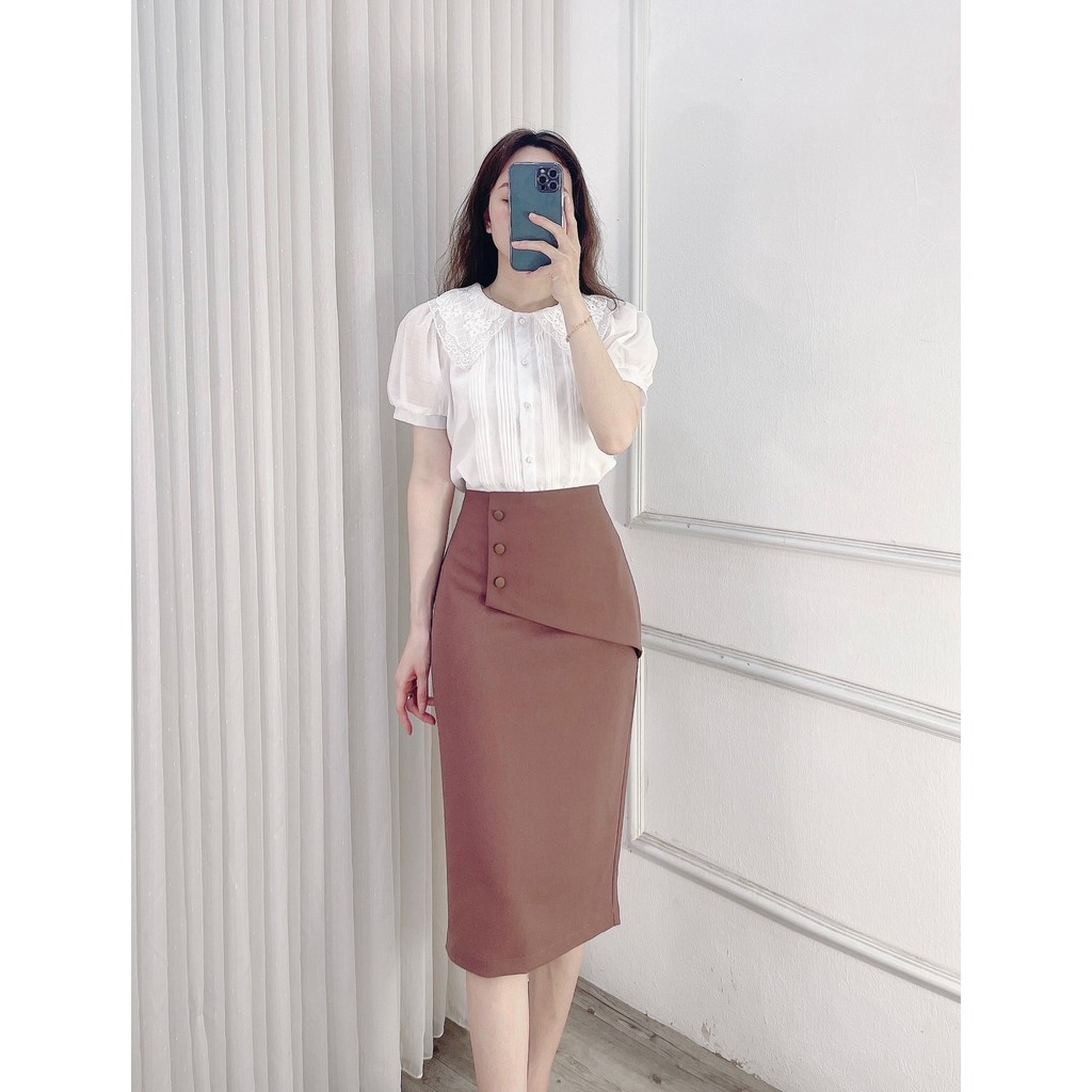 Chân váy bút chì nữ công sở phối cúc, chất liệu mịn, co giãn nhẹ_Thời trang Chiffon (Ảnh thật)