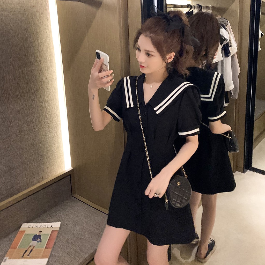 "New" Korean Version of Color Matching Navy Collar Single-breasted Dress Academic Temperament Waist Slim A- Line Skirt | BigBuy360 - bigbuy360.vn