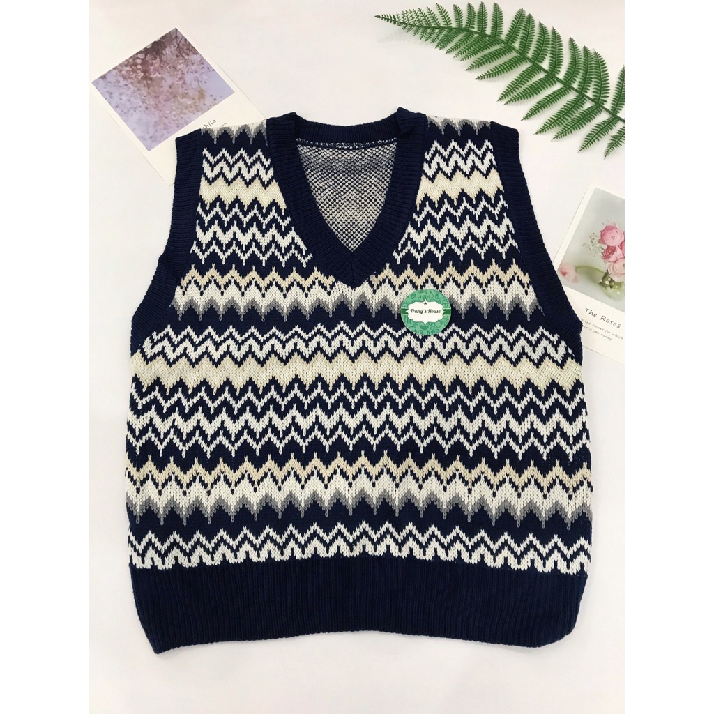 Áo gile len nữ cổ chữ V họa tiết thổ cẩm phong cách retro Hàn Quốc MSP440 | BigBuy360 - bigbuy360.vn