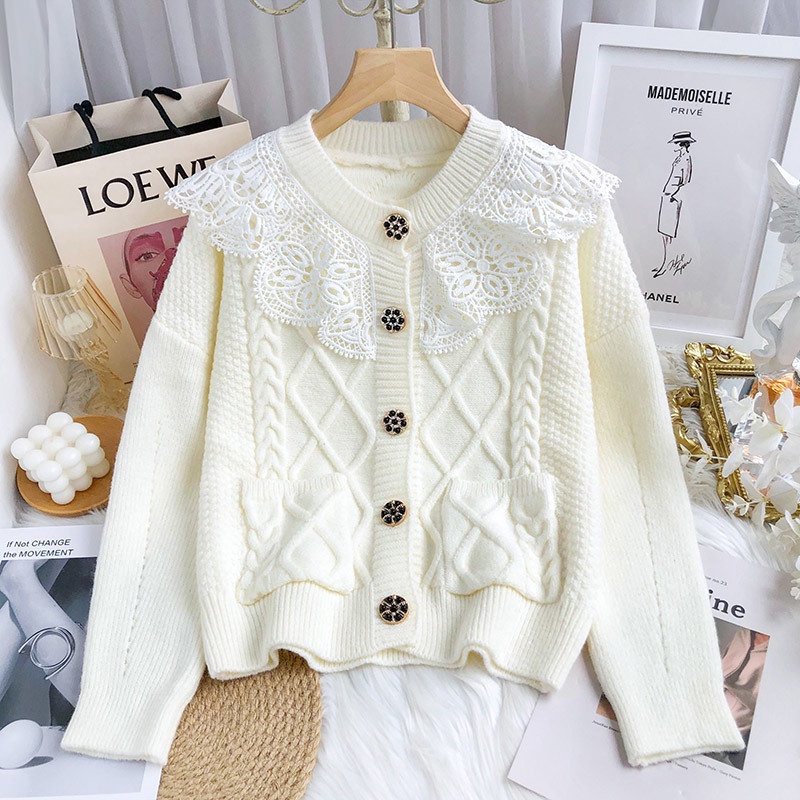 Áo Cardigan Dệt Kim Tay Dài Phối Ren Đáy Ngắn Màu Xanh Dương Sương Mù Nước Mới