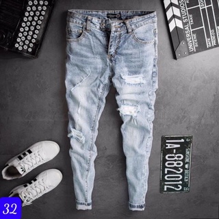 Quần jean nam xanh nhạt trơn rách gối chất bò cao cấp co dãn 4 chiều, quần rin nam xanh bạc from chuẩn đẹp xuong05