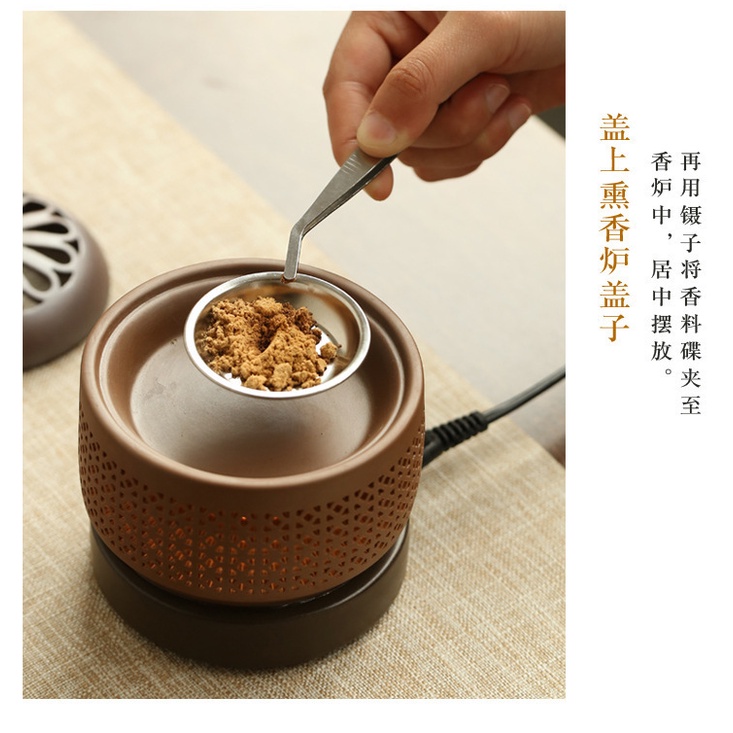 Lư điện xông đa năng bột gỗ, trầm, miếng, dăm trầm gỗ đa năng có hẹn giờ có đèn lò xông gốm tử sa cao cấp