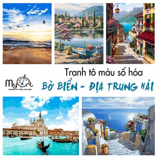 Tranh tô màu theo số sơn dầu số hóa Cảnh biển Bờ biển xanh Biển Địa Trung Hải Phong cảnh Châu Âu