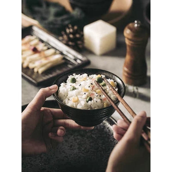 Bộ bát đĩa gốm đen nhám Nhật Bản cao cấp