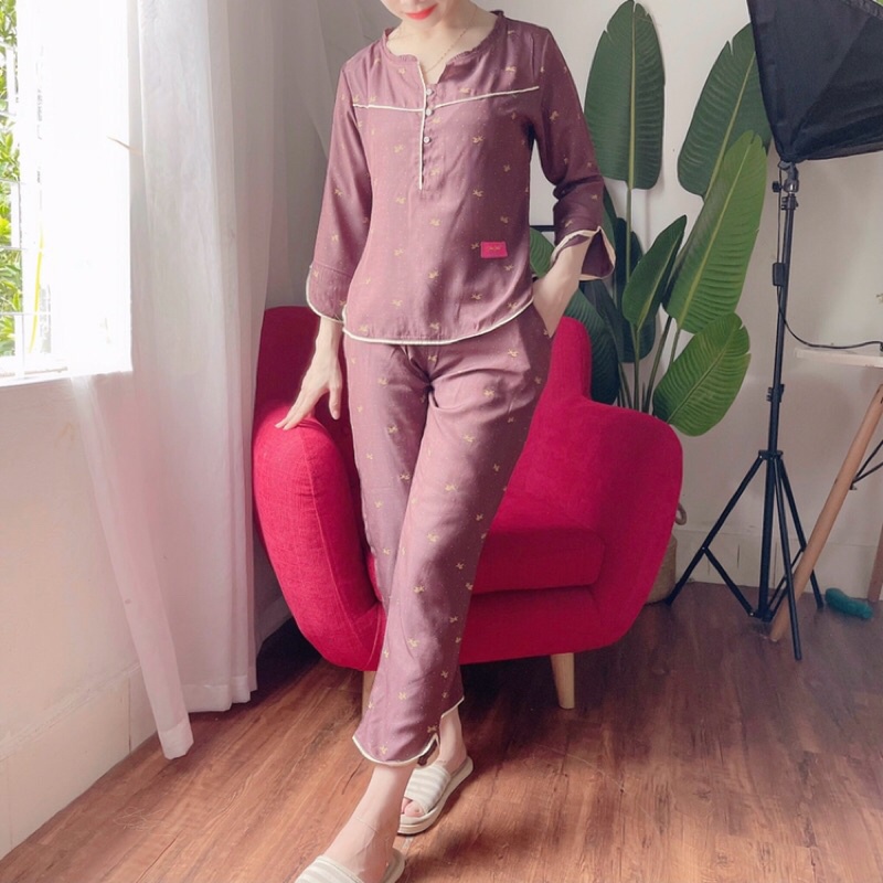 Bộ mặc nhà áo dài quần dài hoạ tiết xinh, chất đũi mềm mát không nhăn, đủ size